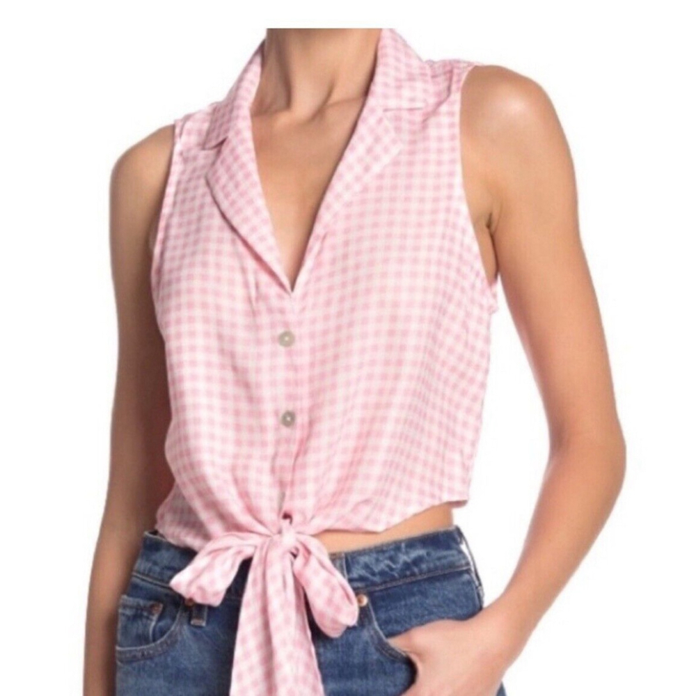 Show‎ Me Your MuMu Pink Plaid Front Tie Collared Sleeveless Top Women’s Size M